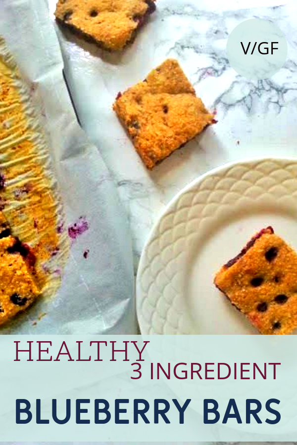 These Healthy Blueberry Bars are a family favorite. They so easy to make, needing only 3 main ingredients. They are gluten-free and vegan, and they are a perfect allergy friendly snack or dessert. The sweetness of the ripe plantains makes them a perfect refine-sugar free dessert. #glutenfreedessert #vegandessert #healthyblueberrybars #easyhealthydessert #blueberrybars