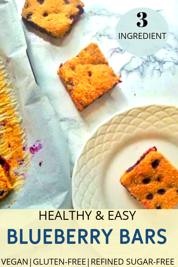 These Healthy Blueberry Bars are a family favorite. They so easy to make, needing only 3 main ingredients. They are gluten-free and vegan, and they are a perfect allergy friendly snack or dessert. The sweetness of the ripe plantains makes them a perfect refine-sugar free dessert. #glutenfreedessert #vegandessert #healthyblueberrybars #easyhealthydessert #blueberrybars