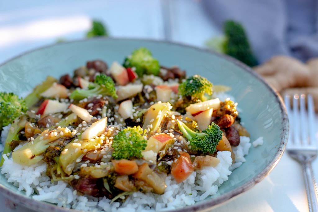 Plate with Mongolian Beef and Broccoli over rice