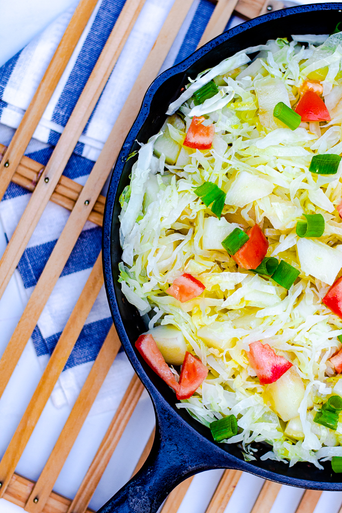 Healthy Fried Cabbage and Potatoes in a skillet